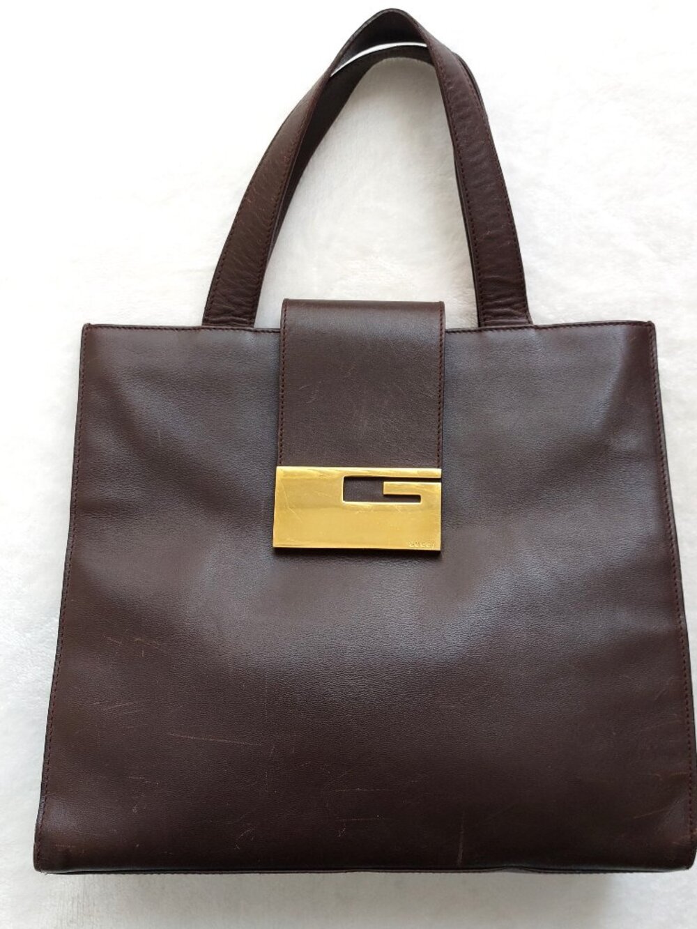 Gucci Tom Ford Brown Calfskin Leather G Logo Top Handle Tote - Vintage 1998